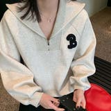ハーフジップの小さな襟のデザインが魅力的。パッチ付きのグレーの薄手コットン長袖ス… | 17kg | 詳細画像1 