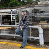 ゆるカワコーデ アメリカン配色チェック柄フード付きシャツ レトロストリート風 | 17kg | 詳細画像7
