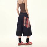 ゆるカワコーデ☆デニムワークパンツ 七分丈 チェック切り替え ヴィンテージ風 | 17kg | 詳細画像1