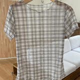 ベージュ | レトロ チェック チュールプリント 半袖 ロールアップTシャツ甘辛系ガールズ☆ | 17kg
