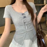 グレー | ドット 半袖 リボンツイスト フェイクレイヤードTシャツゆるカワコーデ☆ | 17kg