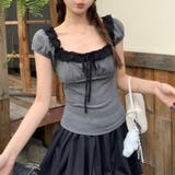 メロウフリル 配色切替 スクエアネック 半袖Tシャツ 細見え タイト | 17kg | 詳細画像4 