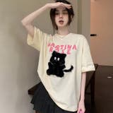 【SHOPLIST限定】韓国風キュートネコロゴ英字カジュアルTシャツ | 17kg | 詳細画像2 