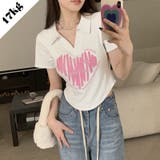 Vネックハートプリントイレギュラーショルダー半袖Tシャツ | 17kg | 詳細画像1 