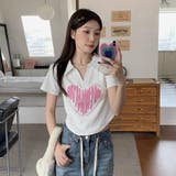Vネックハートプリントイレギュラーショルダー半袖Tシャツ | 17kg | 詳細画像10 