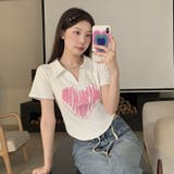 Vネックハートプリントイレギュラーショルダー半袖Tシャツ | 17kg | 詳細画像11 