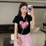 Vネックハートプリントイレギュラーショルダー半袖Tシャツ | 17kg | 詳細画像12 