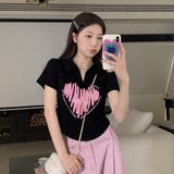 Vネックハートプリントイレギュラーショルダー半袖Tシャツ | 17kg | 詳細画像15 