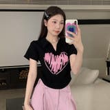Vネックハートプリントイレギュラーショルダー半袖Tシャツ | 17kg | 詳細画像17 