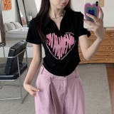 Vネックハートプリントイレギュラーショルダー半袖Tシャツ | 17kg | 詳細画像18 