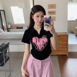 Vネックハートプリントイレギュラーショルダー半袖Tシャツ | 17kg | 詳細画像2 