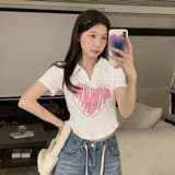 Vネックハートプリントイレギュラーショルダー半袖Tシャツ | 17kg | 詳細画像3 