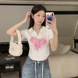 Vネックハートプリントイレギュラーショルダー半袖Tシャツ | 17kg | 詳細画像4 