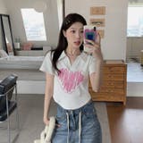 Vネックハートプリントイレギュラーショルダー半袖Tシャツ | 17kg | 詳細画像6 