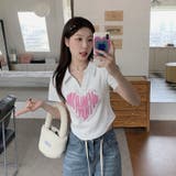 Vネックハートプリントイレギュラーショルダー半袖Tシャツ | 17kg | 詳細画像7 
