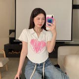 Vネックハートプリントイレギュラーショルダー半袖Tシャツ | 17kg | 詳細画像8 