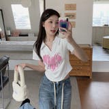 Vネックハートプリントイレギュラーショルダー半袖Tシャツ | 17kg | 詳細画像9 