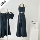 不規則デザイン系デニムホルタートップス＆ハイウエストワイドパンツ セットアップ | 17kg | 詳細画像1 