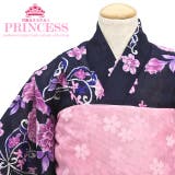 浴衣 子供 女の子 花柄 バラ 桜 蝶々 紅梅織り 藍色 ゆかた 女児 | BiSOU | 詳細画像1