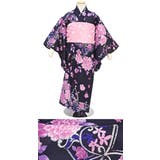浴衣 子供 女の子 花柄 バラ 桜 蝶々 紅梅織り 藍色 ゆかた 女児 | BiSOU | 詳細画像2