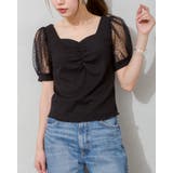 ブラック/ブラック | ドットチュール袖シャーリングTOPS | SpRay