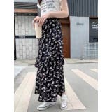 ブラック | 花柄フリルロングスカート | SpRay
