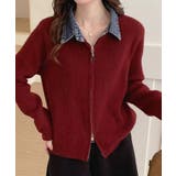 ワイン | デニム衿ジップニットカーディガン | SpRay