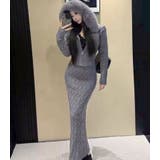 グレー | ファー付きフードパーカー スリットロングスカート ニットセットアップ | STRIP CABARET 