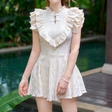 ベージュ×ホワイト | 水着体型カバー ワンピース オールインワン | teddyshop