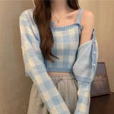 ブルー | ニットカーディガン チェック クロップド丈 | teddyshop