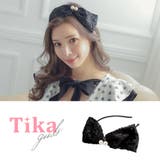 ベロア×スパンコールメッシュポイントパールリボンカチューシャ 韓国アクセサリー | Tika | 詳細画像1