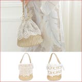 リーフ柄ホワイトレース×ベージュ | 巾着かごバッグ レース ハンドバッグ | Tika