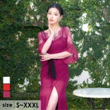 パープル | ベルスリーブレース×ウエストマークリボンラップタイトロングドレス セクシードレス | Tika