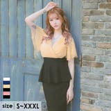 ベージュ×ブラック | シアー×カシュクールペプラムロングドレス セクシードレス 袖あり | Tika