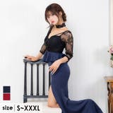 ブラック×ネイビー | Tika レースチョーカー付きシアーレース袖マーメイドタイトロングドレス セクシ… | Tika