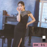 ブラック | シアーデコルテ×ビジューラインざっくりスリットタイトロングドレス | Tika