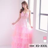 ピンク | シースルートップ多層ボリュームフリルフレアロングドレス セクシードレス 袖なし | Tika