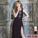 ブラック | ビジュー×刺繍レースシアーざっくりスリットロングドレス セクシードレス 袖なし | Tika