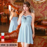 ブルー | ビジュー×チュール切替リボンフレアミニドレス ガーリードレス 袖なし | Tika