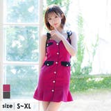 マゼンタピンク | ハートカット×リボンショルダー裾フリルタイトミニドレス ガーリードレス 袖なし | Tika