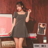 ダークグレー | スピンドル×ドット柄スクエアネックフレアミニドレス ガーリードレス 袖あり | Tika