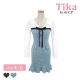 ホワイト×ブルー | Tika 襟付きリボンモチーフツイードマーメイドミニドレス 韓国ドレス | Tika