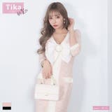 ピンク | ビジューリボンブローチ付き袖ありVネック配色フロントスリット膝丈ドレス | Tika