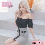 ブラック×アイボリー | オフショルフリル×ツイードパールフェイクボタンタイトミニドレス キャバドレス キ… | Tika