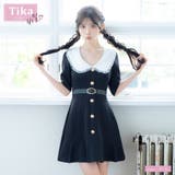 ブラック | ベルト付きフリルレース襟デザインワッフルワンピースミニドレス 韓国ドレス | Tika