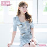 ツイードチェックウエストカット×ジップタイトミニドレス 韓国ドレス ガーリードレス | Tika | 詳細画像1