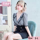 チェック柄×ブラック | レーステーラード×モノトーンチェックハイウエストタイトミニワンピース 韓国ドレス | Tika