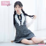 ホワイトレース×ブラック | ドットシアースリーブ&フリルツイードミニドレス 韓国ドレス ガーリードレス | Tika