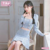 ライトブルー | スクエアネック×ウエストカットツイードフレアミニドレス 韓国ドレス セクシー | Tika