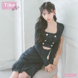 ネイビー | スクエアネック×ウエストカットツイードフレアミニドレス 韓国ドレス セクシー | Tika